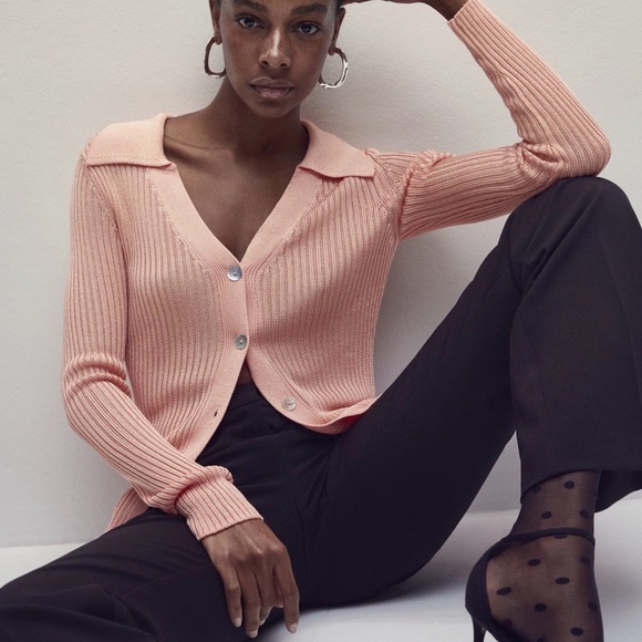 Mango Polo Neck Ribbed Cardigan Salmon / Size M / NWT - Picture 7 of 14